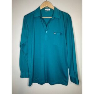 Vintage Indian Teal Blue Striped Long Sleeve Polo Shirt Mens Large Retro Pocket